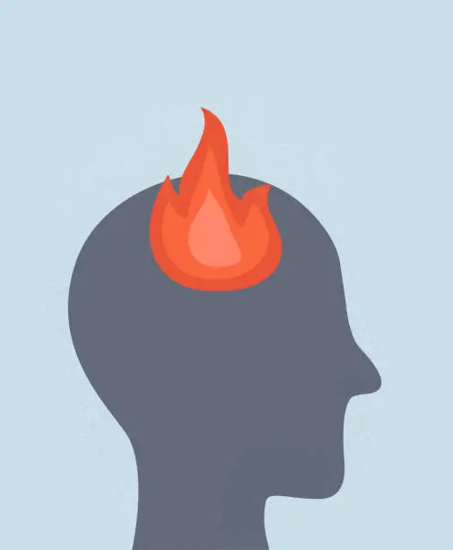 Vector illustration of Burning brain or professional or emotional burnout. burning human head silhouette.