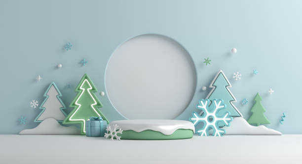istock Winter display podium background with neon snowflake, spruce trees, gift box cartoon style, 3d rendering illustration 1776159358
