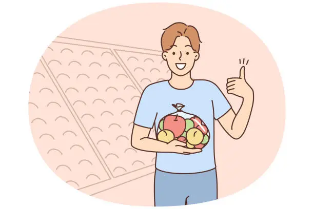 Vector illustration of Smiling man with bag of apples in supermarket