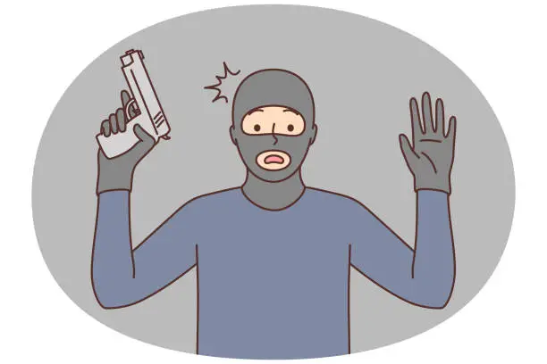 Vector illustration of Male robber with gun raise hands up