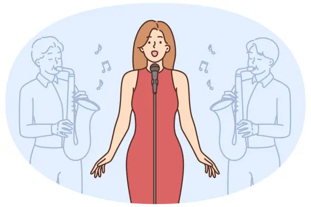 Vector illustration of Female singer singing on stage