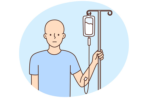 Bald young man with dropper with medication get chemo treatment in hospital. Sick male suffer from cancer receive medicament. Oncology. Vector illustration.