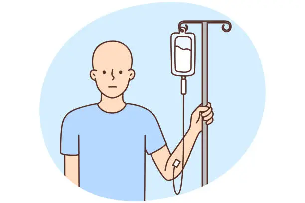 Vector illustration of Bald man with dropper get chemo treatment