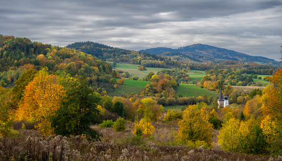 amazing rural landscape in Kaczawskie mountains during fall in Poland