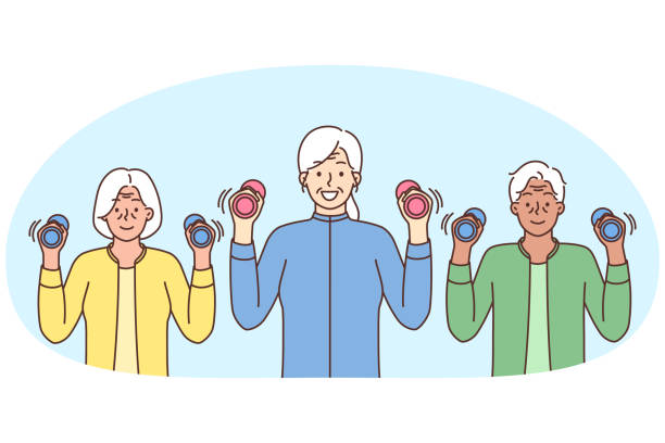 笑顔の高齢者が一緒に運動する - active seniors women senior adult mature adult点のイラスト素材／クリップアート素材／マンガ素材／アイコン素材