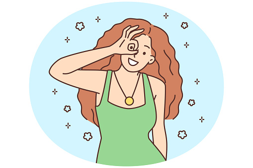 Smiling young redhead woman showing hand gesture feeling joyful and optimistic. Happy girl look through finger. Emotion and expression. Vector illustration.