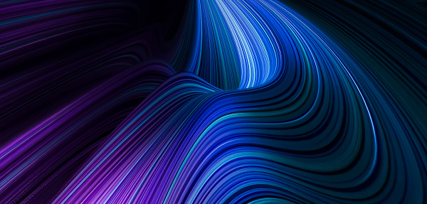 Illustration of a dark background with blue purple abstract glowing wavy waves with effects
