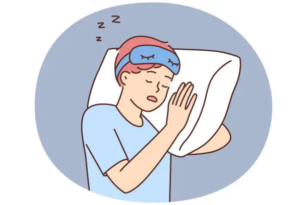 Vector illustration of Tired guy sleep on pillow in bed