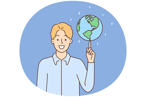 Smiling young man swirling globe on finger. Happy guy spinning earth sphere on hand. Geography teacher with planet. Vector illustration.