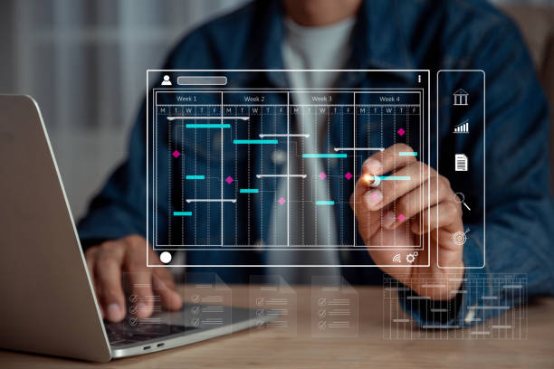 istock Businessman working with Gantt chart schedule , with a planning software, Corporate strategy for finance, operations, sales, marketing. 1776193807