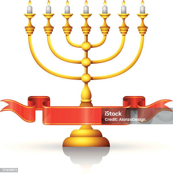 Menorah Con Nastro Rosso - Immagini vettoriali stock e altre immagini di Attrezzatura - Attrezzatura, Blu, Candela - Attrezzatura per illuminazione