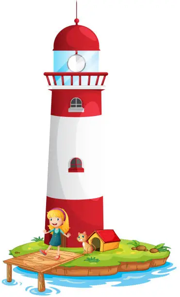 Vector illustration of Girl and her cat near the tower