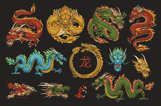 Chinese dragons set emblems colorful with snake with short legs and long tail for celebration Asian new year vector illustration