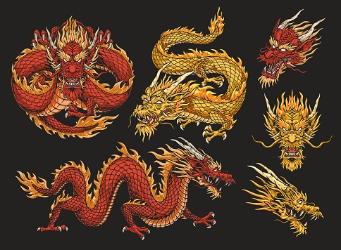 Oriental dragons set emblems colorful with lun snakes from Chinese shadow theater in different positions vector illustration