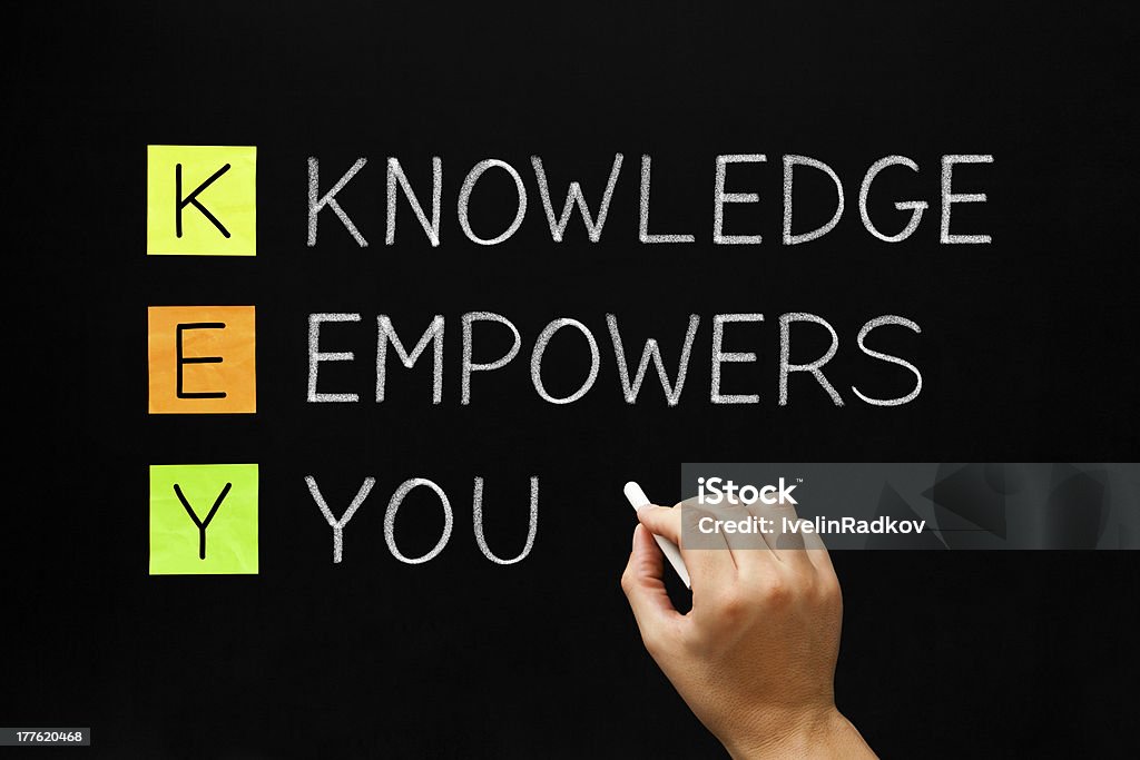 Knowledge Empowers You Acronym Hand writing Knowledge Empowers You with white chalk on blackboard. Key Stock Photo