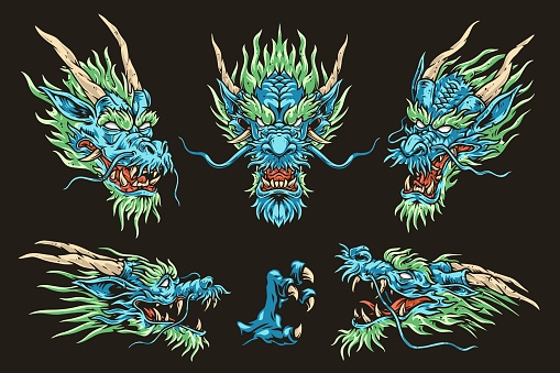 Dragon heads set logotypes colorful with horned monster with sharp teeth for interior design asian martial arts club vector illustration