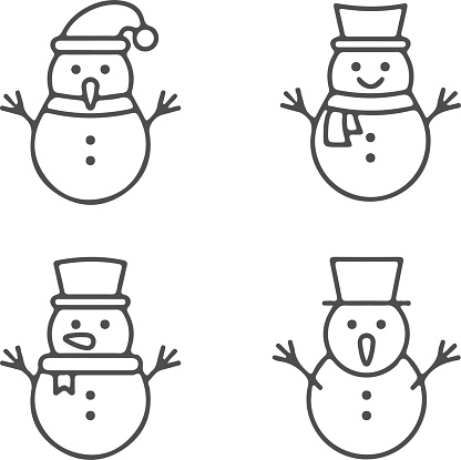 Icon set of snowman, winter, christmas, xmas.  Thin line icons, flat vector illustrations. Isolated on white, transparent background