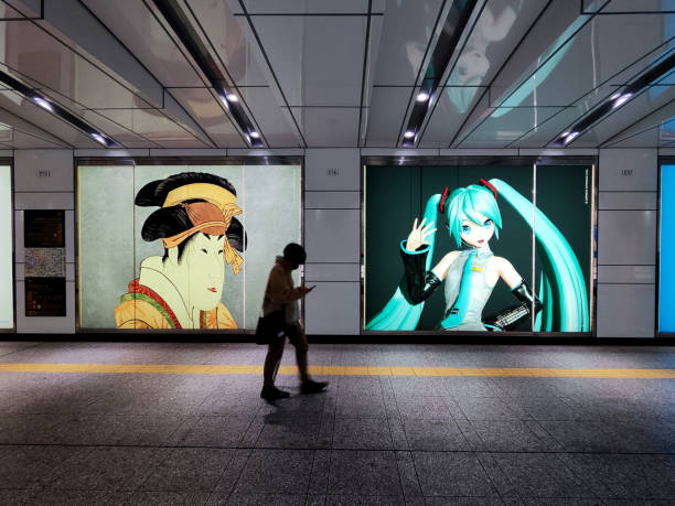 tokyo, japan - november 18 2021: Japanese advertising banners in metro promoting a collaboration of fortnite online video game and the characters of the manga and anime Naruto by Masashi Kishimoto.