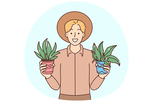 Smiling man holding plants in hands excited about gardening. Happy male gardener with houseplants in pots. Hobby and greenery. Vector illustration.