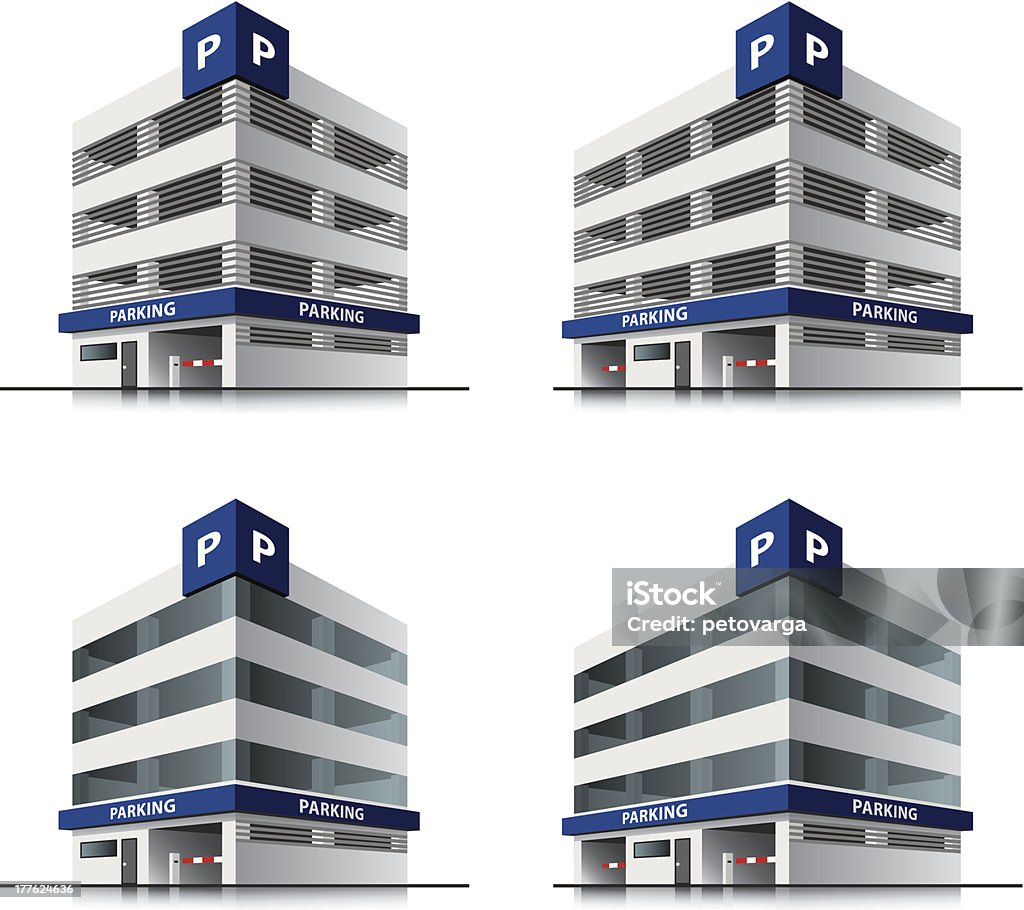 Cztery kreskówka budynków, parkingów WEKTOR - Grafika wektorowa royalty-free (Parking)
