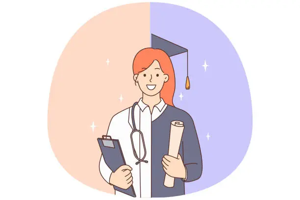 Vector illustration of Smiling student and doctor on one picture