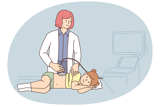 Female doctor doing ultrasound to girl child in hospital. Woman GP examine kid in clinic. Children checkup or examination. Vector illustration.