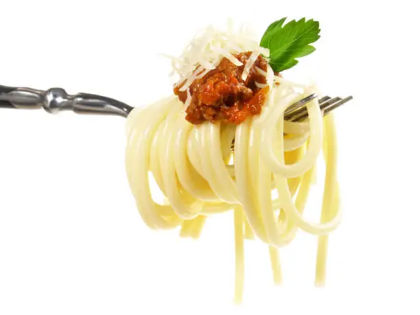 Spaghetti Bolognese Fork - Fast Food on white Background