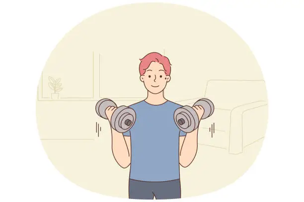 Vector illustration of Young man with barbells train at home