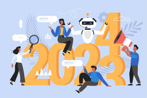 nowy rok 2024 trendy, plany i koncepcja rozwoju biznesu.  nowoczesna ilustracja wektorowa ludzi analizujących trendy i wykorzystujących technologię ai - finance data analyzing investment stock illustrations