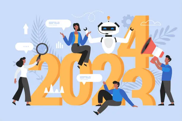 Vector illustration of New Year 2024 trends, plans and growth business concept.  Modern vector illustration of people analyzing trends and using AI technology