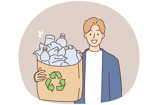 Smiling man hold bag with plastic bottles for utilization. Happy guy recycle plastic care about planet and environment safety. Vector illustration.