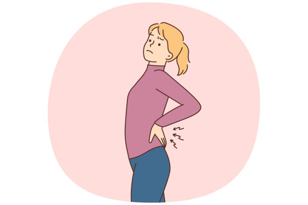 ilustraciones, imágenes clip art, dibujos animados e iconos de stock de el estiramiento de la mujer no saludable sufre de dolor de espalda - dolor de espalda