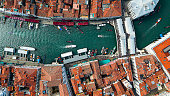 Aerial view of Venice Italy, Drone shot of Venice architecture and canal, Aerial view of Rialto Bridge, Gondola and Rialto bridge in Venice