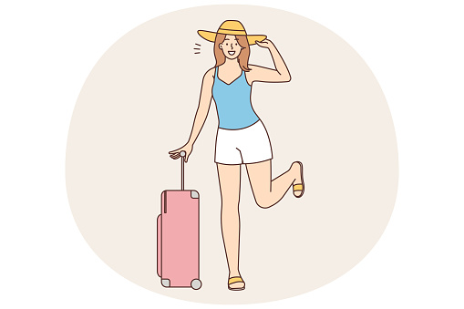 Smiling young woman with suitcase excited about summer travel. Happy girl with baggage ready for travel. Summertime tourism concept. Vector illustration.