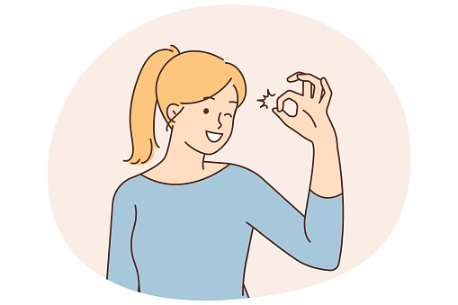 Smiling young woman show ok hand gesture feeling optimistic about future. Happy girl demonstrate all right gesture. Good and positivity. Vector illustration.