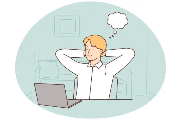 Vector illustration of Young woman distracted from computer work dreaming