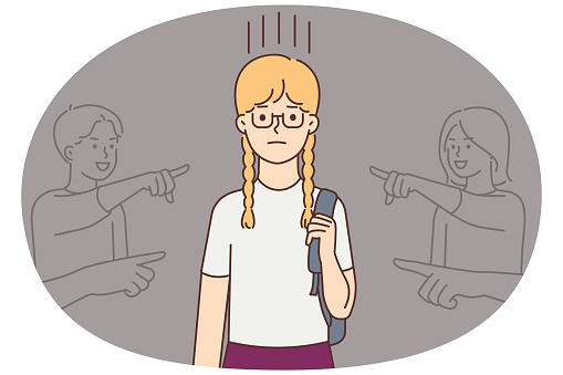 Aggressive children point at small girl laughing mocking her at school. Unhappy child suffer from bullying and harassment. Mockery concept. Vector illustration.