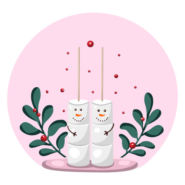 śliczna postać marshmallow na patyku ze świątecznym tłem - heart shape pink background cartoon vector stock illustrations