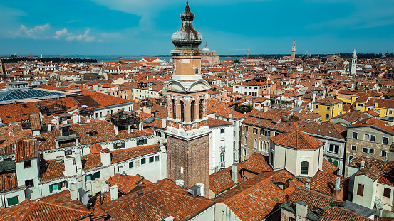 Aerial view of Venice Italy, Drone shot of Venice architecture and canal, Aerial view of San Bartolomeo, Saint Bartholomew in Venice