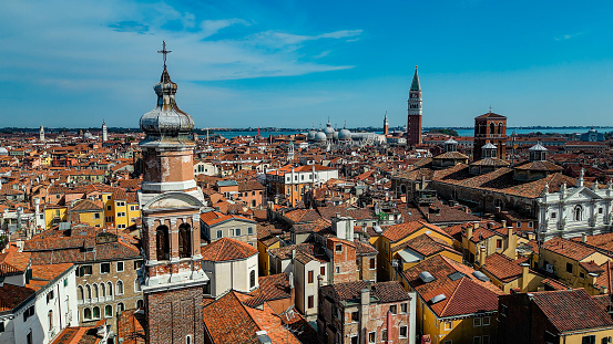 Aerial view of Venice Italy, Drone shot of Venice architecture and canal, Aerial view of San Bartolomeo, Saint Bartholomew in Venice