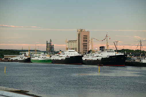 Oslo, Norway - July 19 2014: Collection of old passenger ships at port in Oslo.