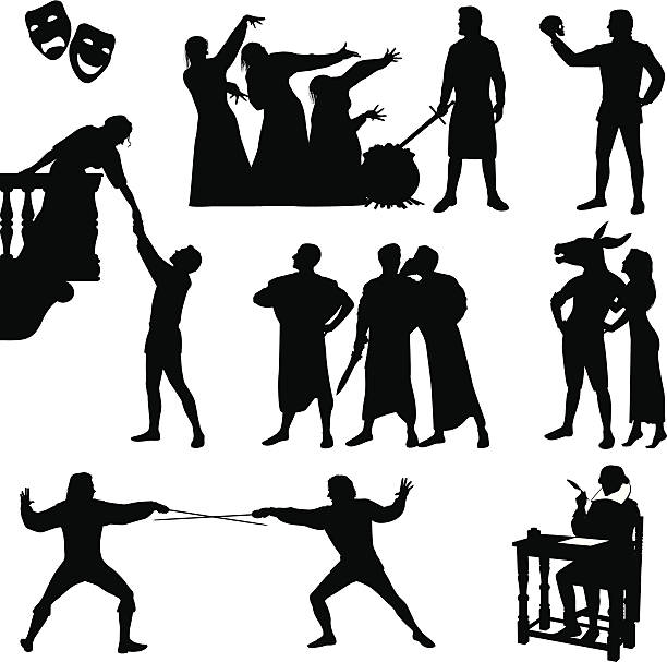 Black silhouettes of Shakespeare characters  Silhouettes of Shakespeare and his most famous plays including Macbeth, Hamlet, Romeo and Juliet, Julius Caesar, and Midsummer Night’s Dream. Files included – jpg, ai (version 8 and CS3), svg, and eps (version 8) william shakespeare stock illustrations