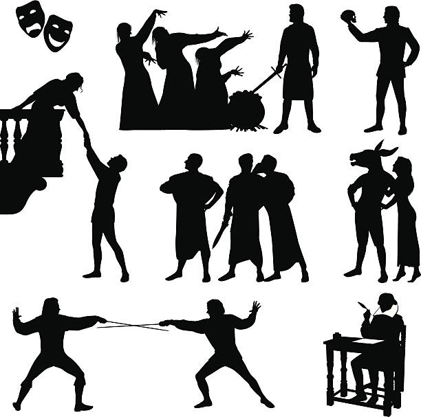 Black silhouettes of Shakespeare characters  Silhouettes of Shakespeare and his most famous plays including Macbeth, Hamlet, Romeo and Juliet, Julius Caesar, and Midsummer Night’s Dream. Files included – jpg, ai (version 8 and CS3), svg, and eps (version 8) classical theater stock illustrations