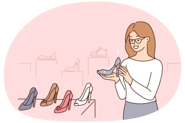 Vector illustration of Smiling woman choosing heels in shop