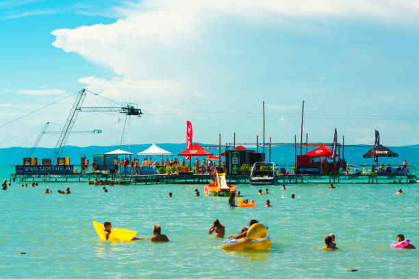 SIOFOK, HUNGARY - JULY 30. 2016: Water stage in the Golden Beach of Siofok Lake Balaton, Hungary