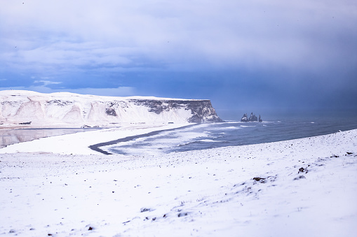 Black Sand Beach Reynisfjara winter view from Dyrhólaey Southern Iceland Northern Europe