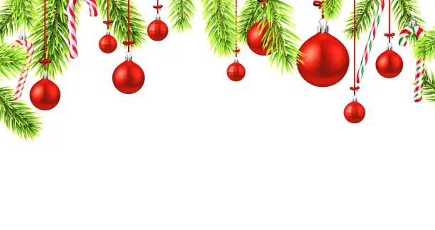 Vector illustration of Horizontal banner with frame of bright green fir branches and red balls on white background. Christmas holiday greeting card with space for text.