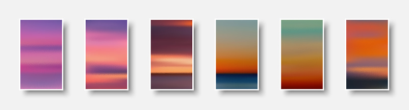 Set of colorful paper sunset and sunrise sea cards. Abstract blurred textured gradient mesh color backgrounds. Made for invitation, webpages, apps, party flyer, simple web design. Vector illustration.