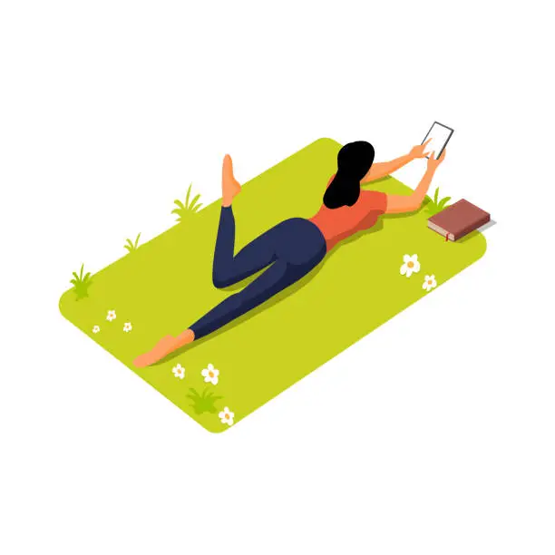 Vector illustration of Active beautiful yogi woman resting in the park before or after training talking via smartphone video call while lying on a fitness mat,vector illustration