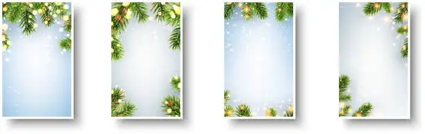 Vector illustration of Winter paper cards with green fir twigs and place for text. Christmas template.